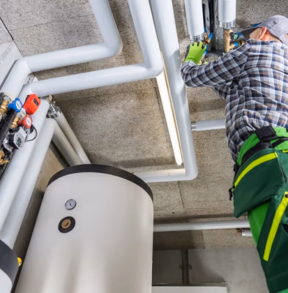 Technician in a plaid shirt and green work pants repairing white pipes and a water heater in a mechanical room.
