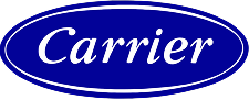 Carrier brand logo featuring white italicized text centered within a blue oval.